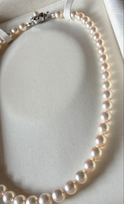 Hana-dama grade Akoya natural pearl necklace with 8.0-8.5mm pink rose pearls and silver clasp