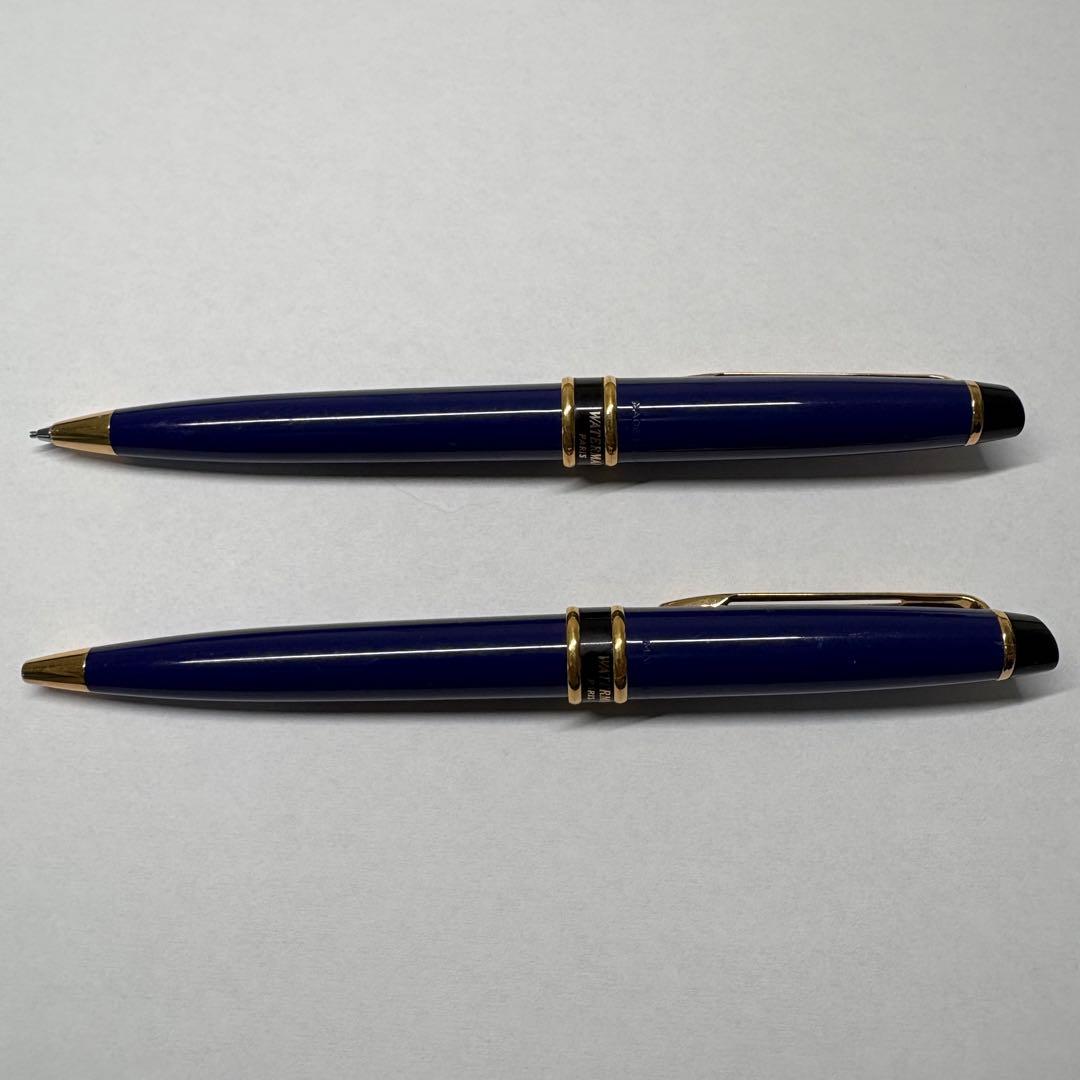 WATERMAN deep blue ballpoint pen and mechanical pencil set with gold accents