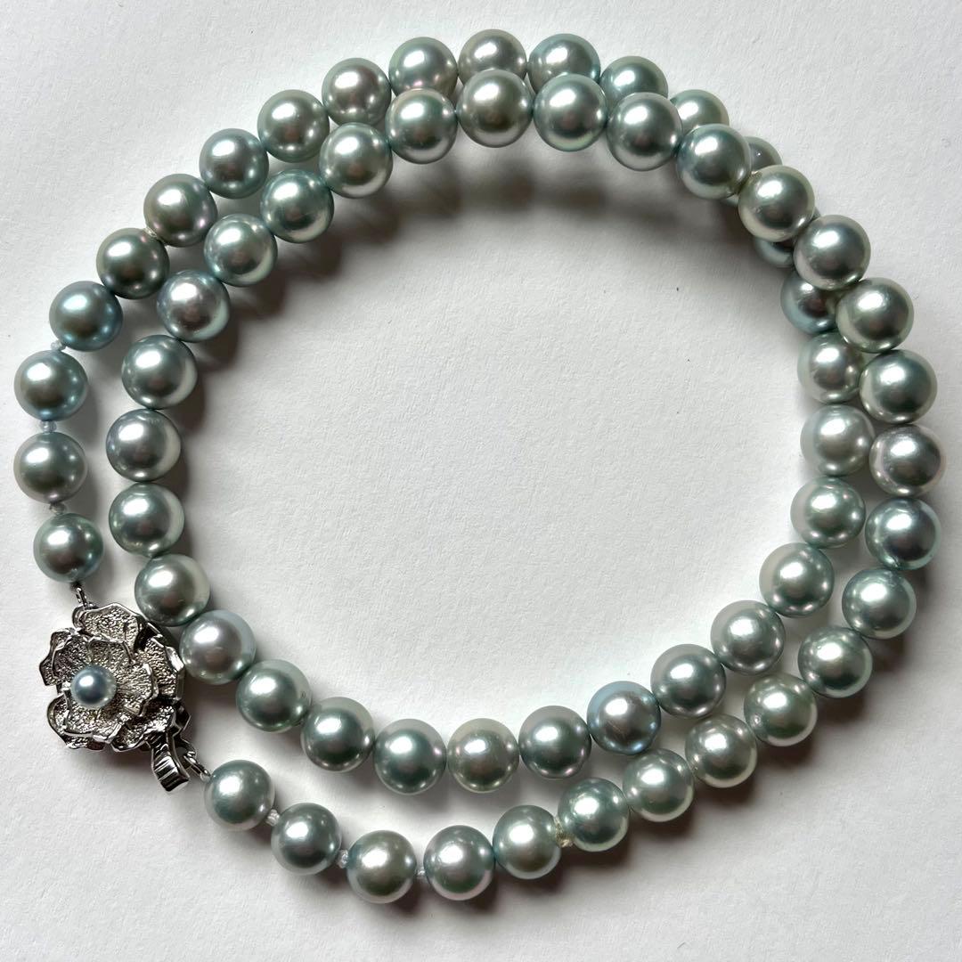Akoya pearl necklace with 6.5-7.0mm blue pearls and silver markings on 43cm chain with certificate