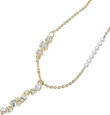 Pure Gold Finish Akoya Baby Pearl Necklace with 7 pearls and CZ stones on ladies collarbone