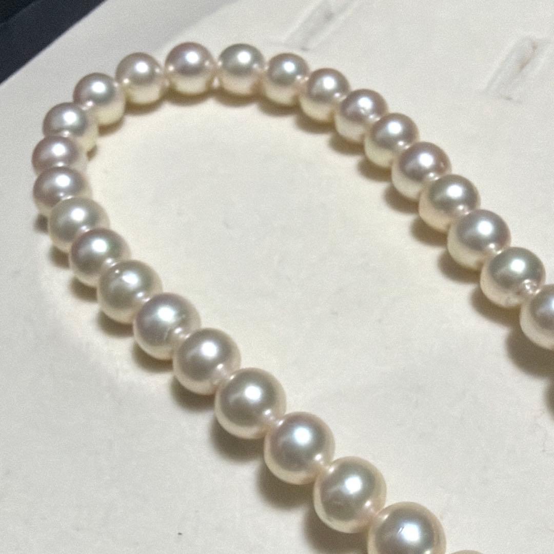 Tasaki Akoya pearl necklace with 8.0-8.5mm pearls and K14 clasp on a white background