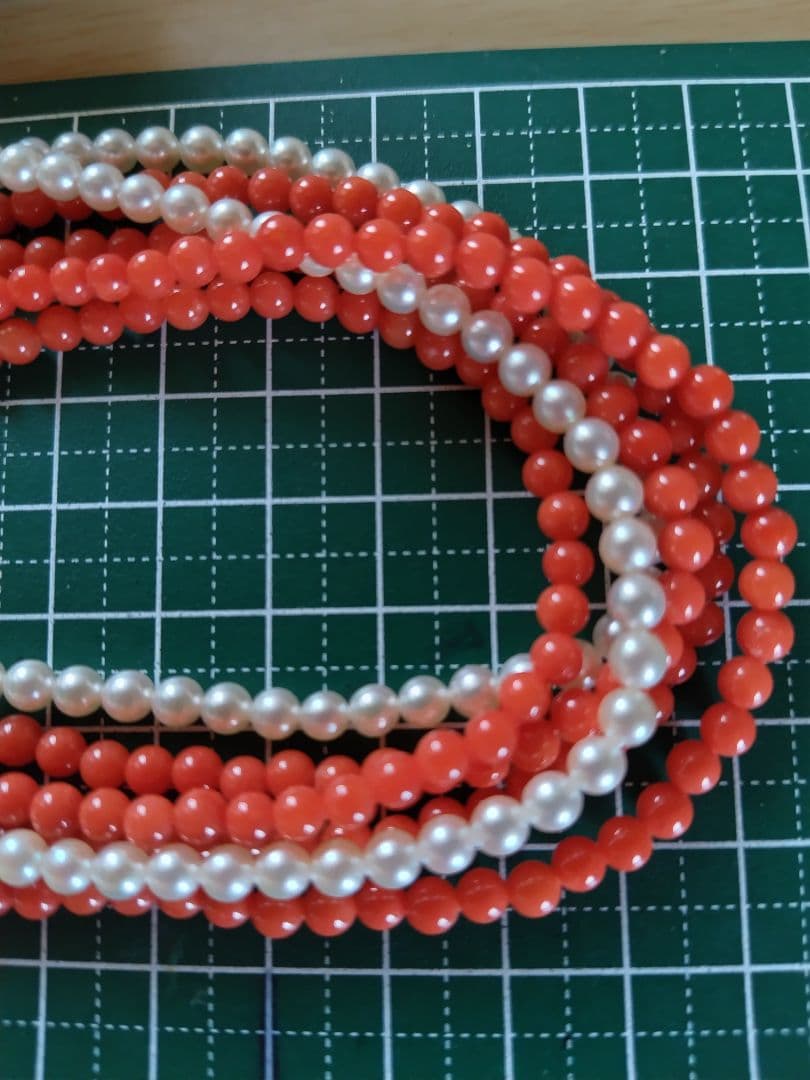 K14 Akoya baby pearl and red coral three-row long necklace with 4-4.5 mm pearls and K14 clasp