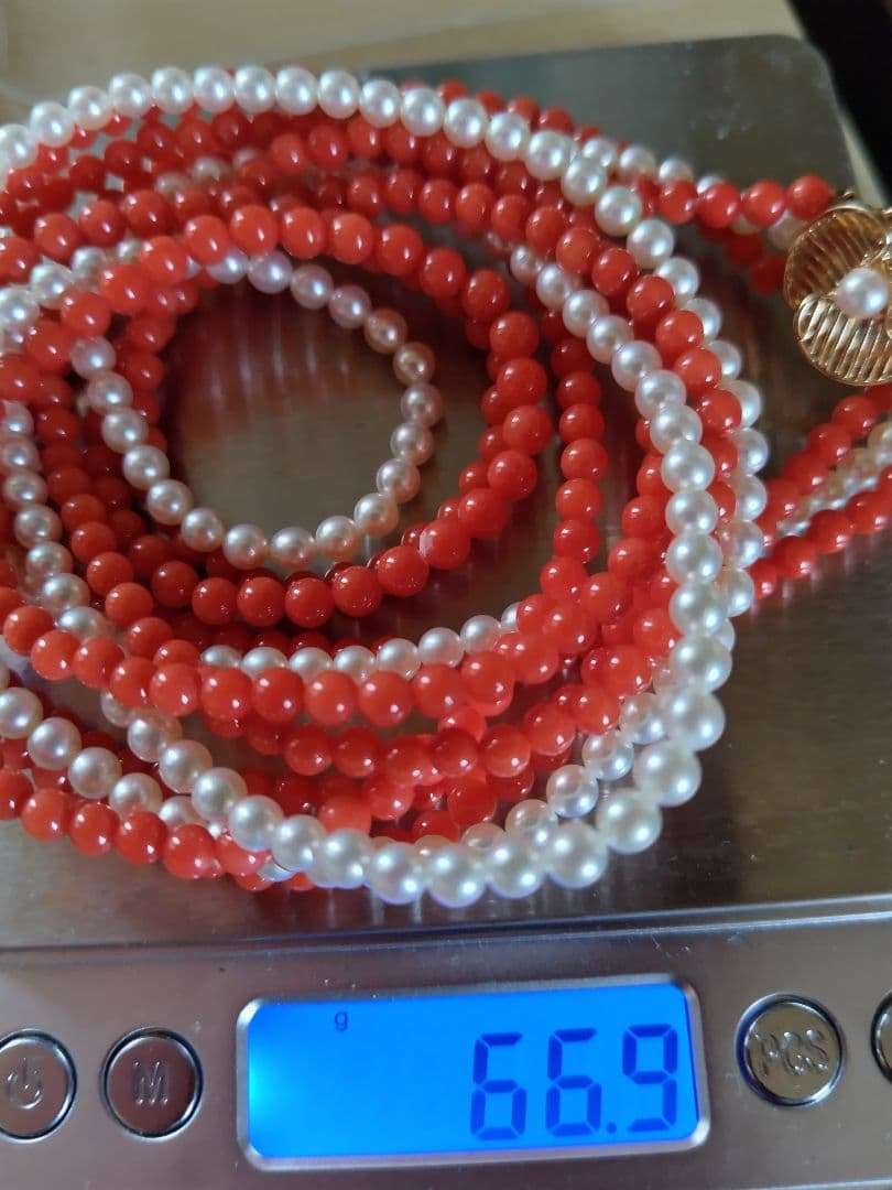 K14 Akoya baby pearl and red coral three-row long necklace with 4-4.5 mm pearls and K14 clasp