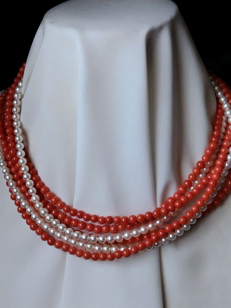 K14 Akoya baby pearl and red coral three-row long necklace with 4-4.5 mm pearls and K14 clasp