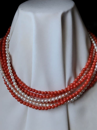 K14 Akoya baby pearl and red coral three-row long necklace with 4-4.5 mm pearls and K14 clasp