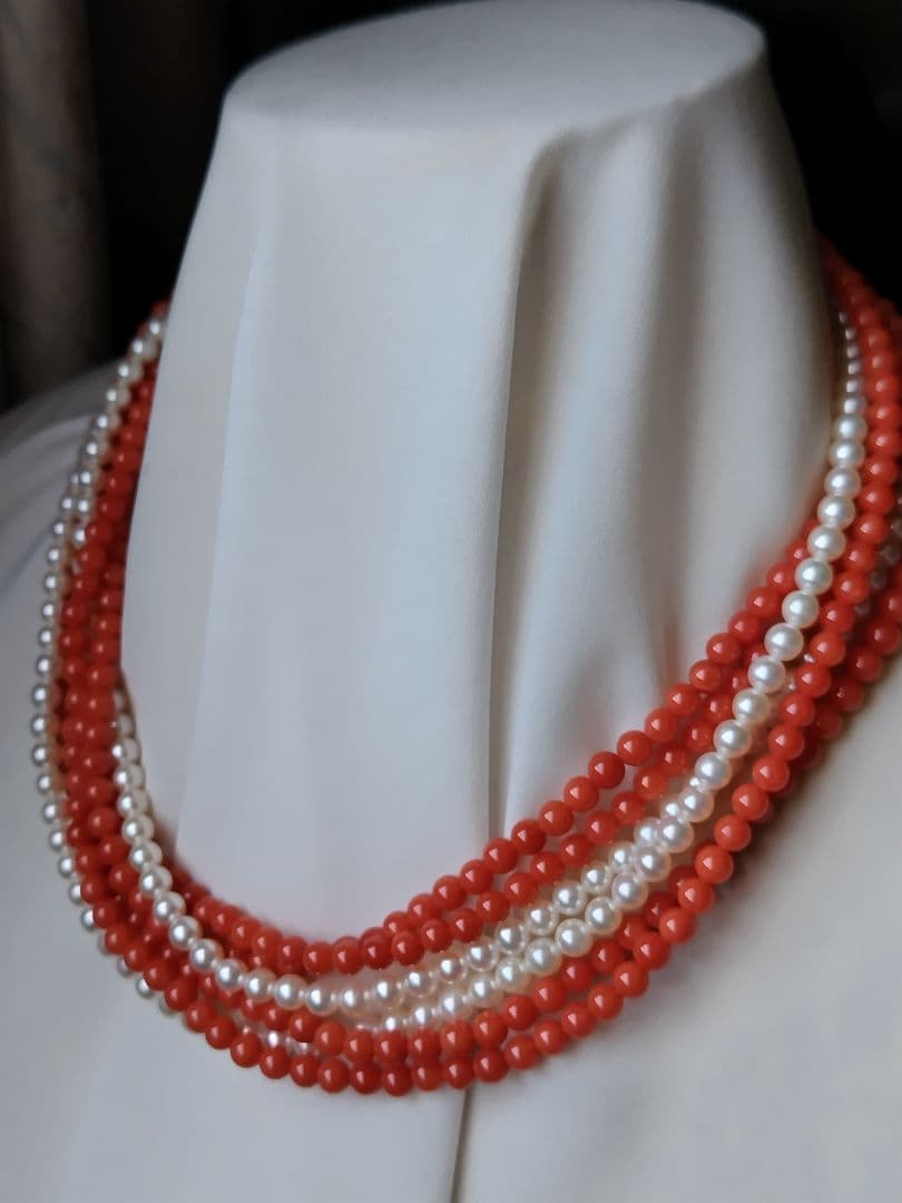 K14 Akoya baby pearl and red coral three-row long necklace with 4-4.5 mm pearls and K14 clasp