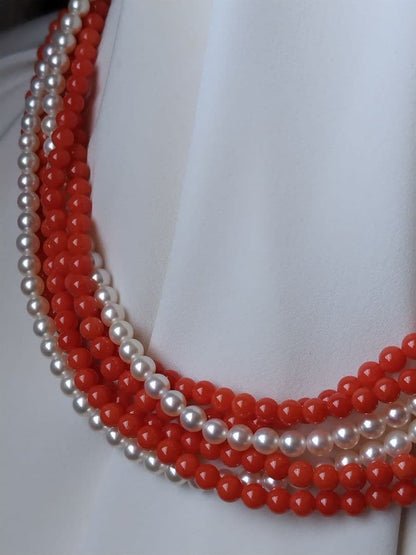 K14 Akoya baby pearl and red coral three-row long necklace with 4-4.5 mm pearls and K14 clasp