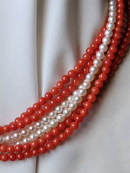 K14 Akoya baby pearl and red coral three-row long necklace with 4-4.5 mm pearls and K14 clasp
