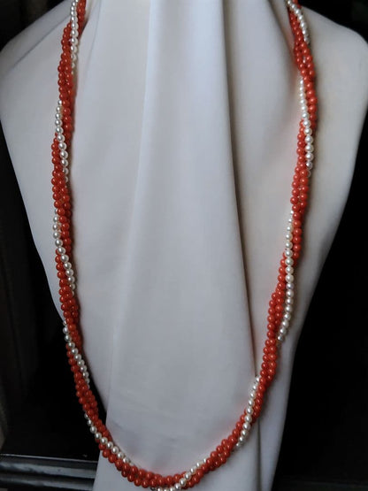 K14 Akoya baby pearl and red coral three-row long necklace with 4-4.5 mm pearls and K14 clasp