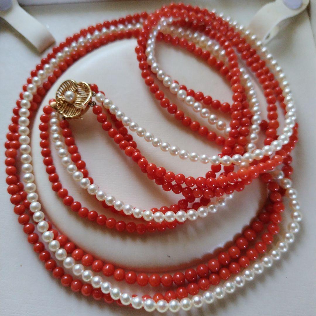 K14 Akoya baby pearl and red coral three-row long necklace with 4-4.5 mm pearls and K14 clasp
