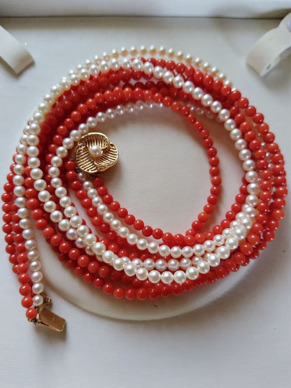 K14 Akoya baby pearl and red coral three-row long necklace with 4-4.5 mm pearls and K14 clasp