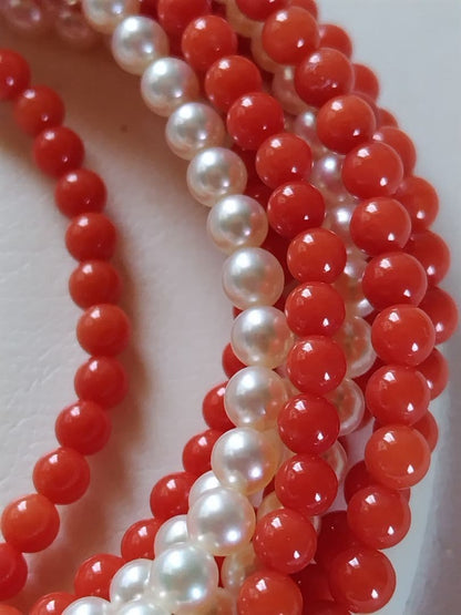 K14 Akoya baby pearl and red coral three-row long necklace with 4-4.5 mm pearls and K14 clasp