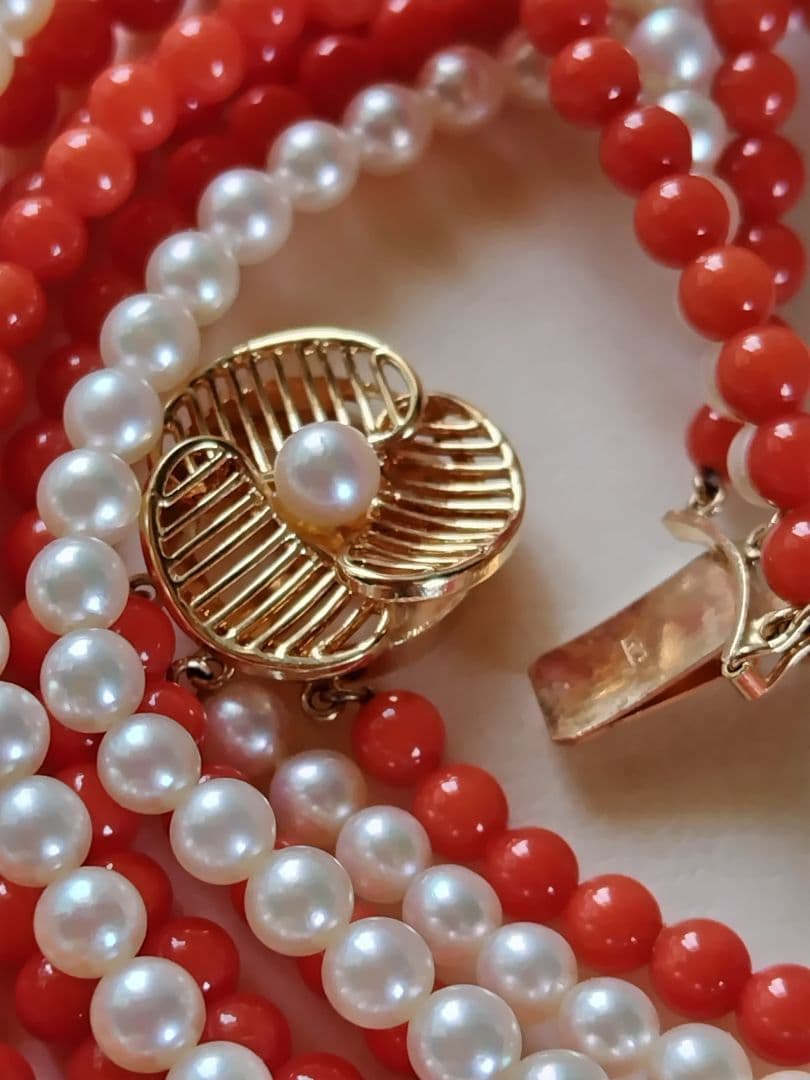K14 Akoya baby pearl and red coral three-row long necklace with 4-4.5 mm pearls and K14 clasp