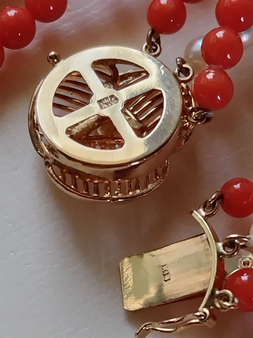 K14 Akoya baby pearl and red coral three-row long necklace with 4-4.5 mm pearls and K14 clasp