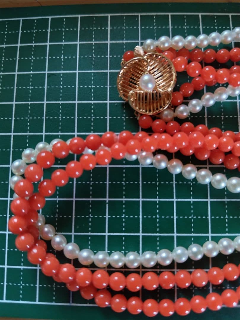 K14 Akoya baby pearl and red coral three-row long necklace with 4-4.5 mm pearls and K14 clasp