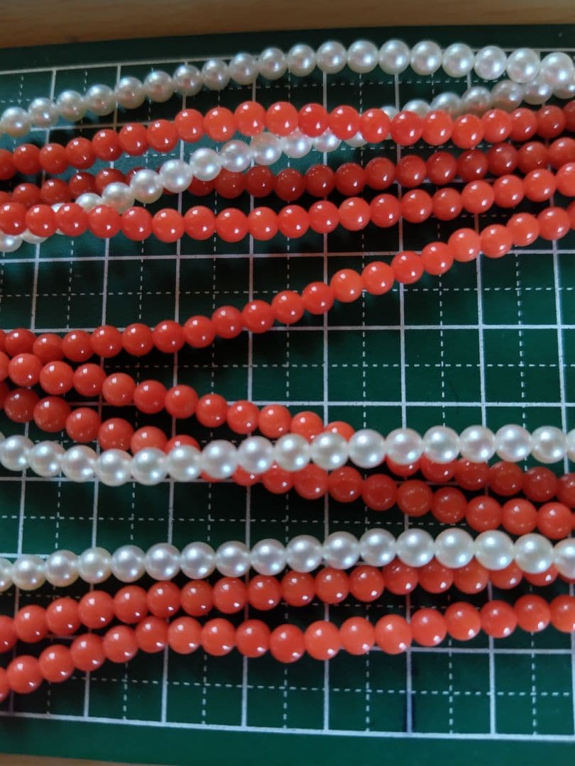 K14 Akoya baby pearl and red coral three-row long necklace with 4-4.5 mm pearls and K14 clasp