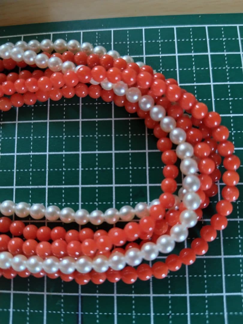 K14 Akoya baby pearl and red coral three-row long necklace with 4-4.5 mm pearls and K14 clasp