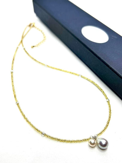 Akoya pearl and blue pearl necklace with Italian K18 gold leaf parts on adjustable chain