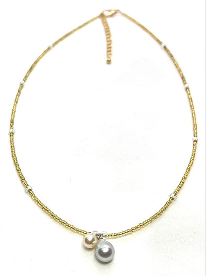 Akoya pearl and blue pearl necklace with Italian K18 gold leaf parts on adjustable chain