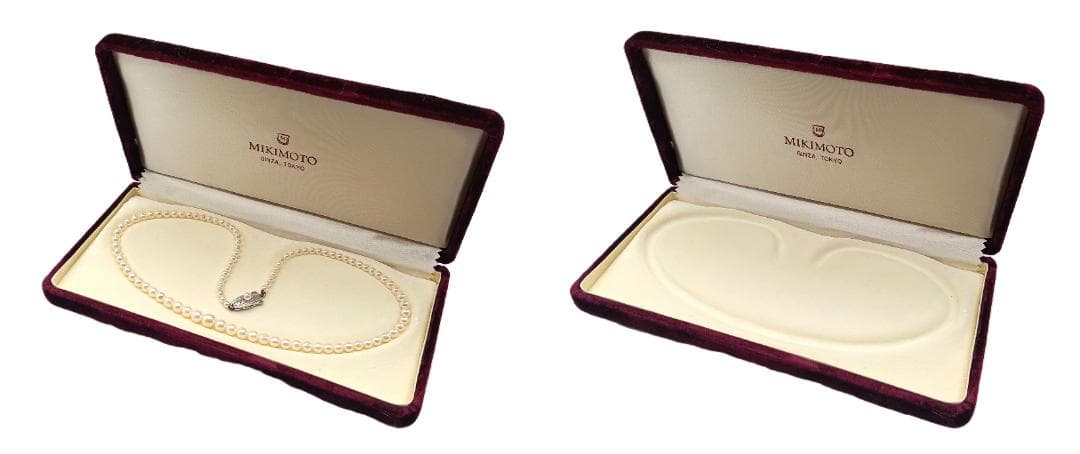 Mikimoto Akoya pearl gradient necklace with pearls ranging 3 to 7 mm displayed with velour case