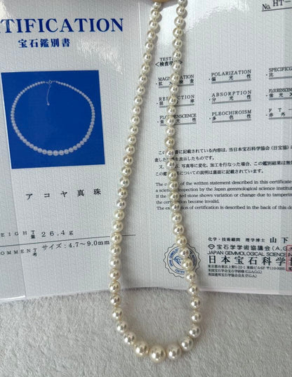 Multi-colored Akoya pearl gradient necklace 4.7-9mm on white background with certificate