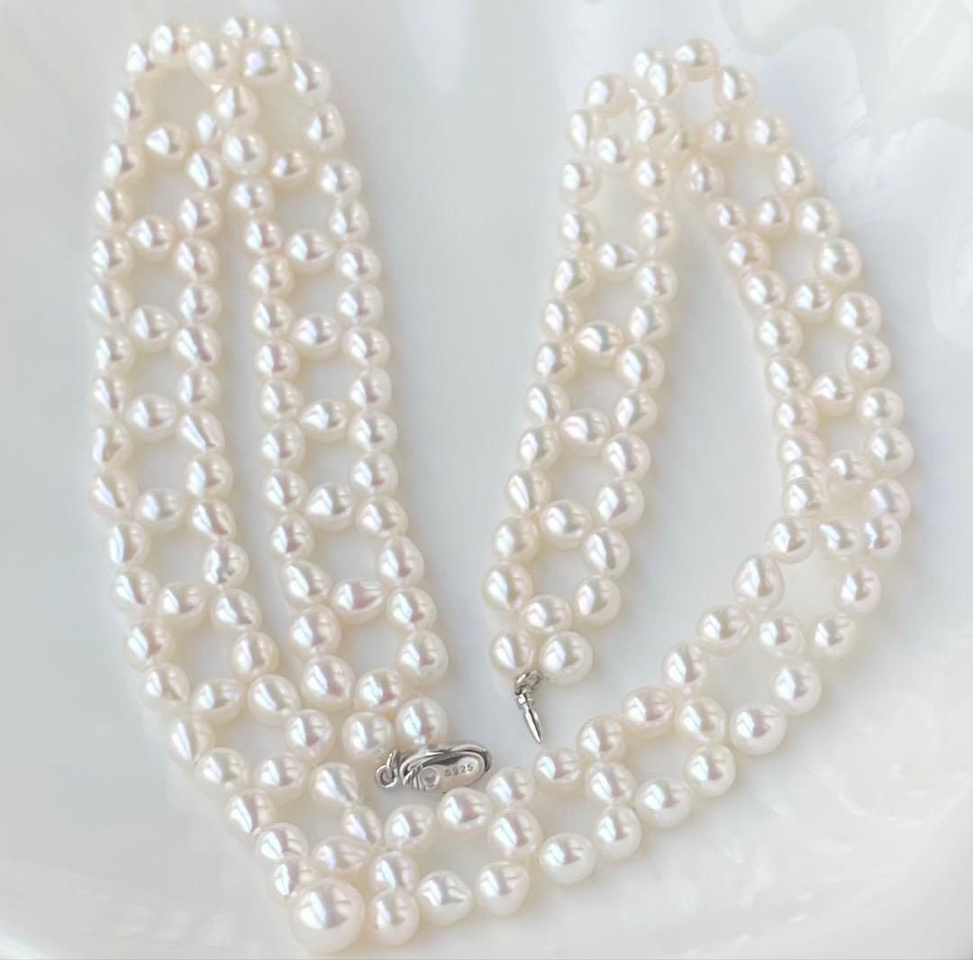 Mirror finish genuine Akoya pearl necklace with 6.2mm drop pearls and S925 silver clasp in V shape