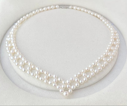 Mirror finish genuine Akoya pearl necklace with 6.2mm drop pearls and S925 silver clasp in V shape
