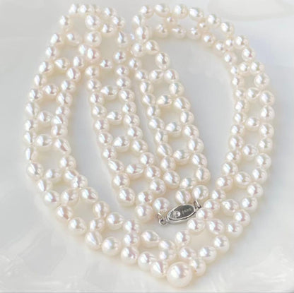 Mirror finish genuine Akoya pearl necklace with 6.2mm drop pearls and S925 silver clasp in V shape