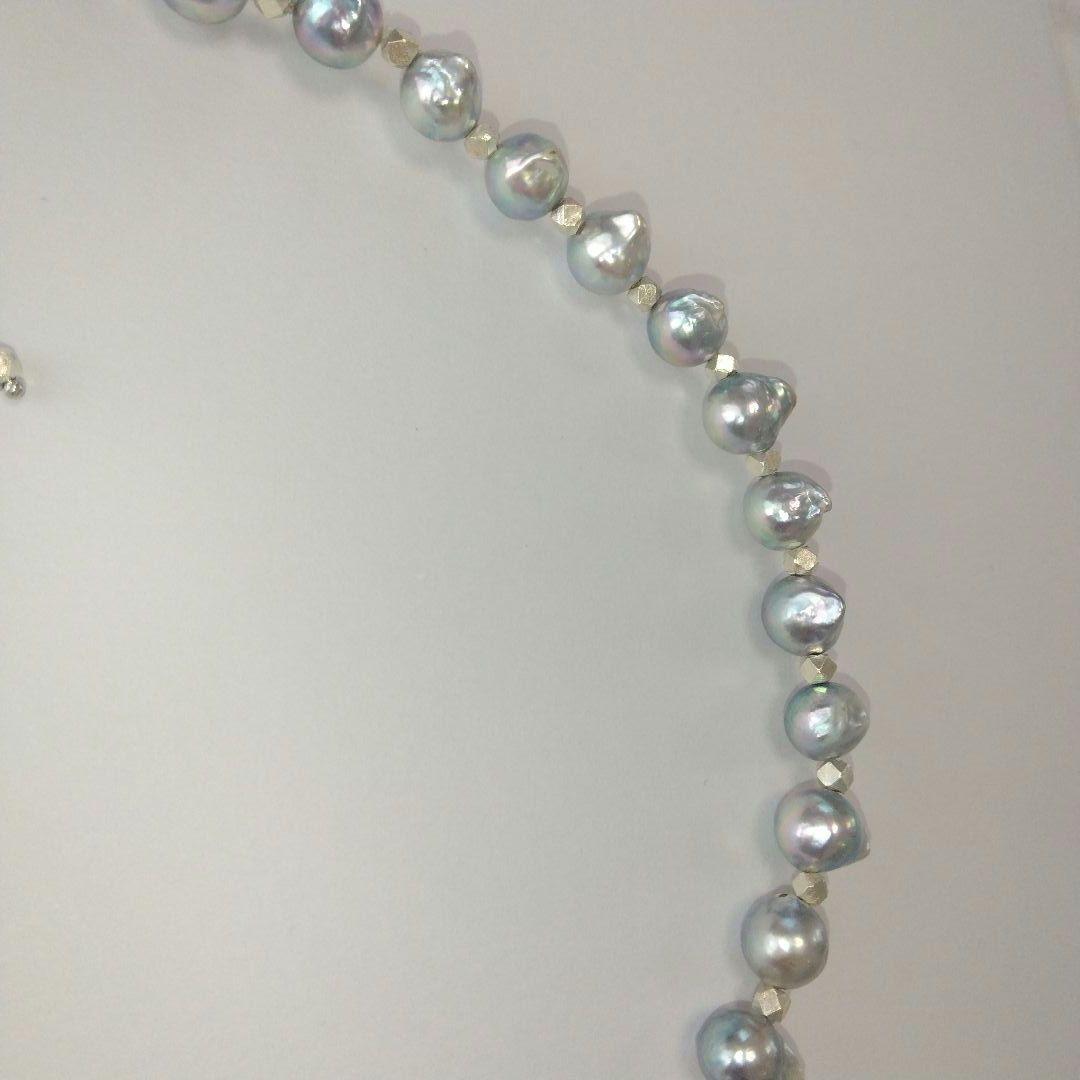 Uwa Jem Orchid natural gray pearl necklace with horns and Carence silver, 8.5mm pearls, 43+5 cm length
