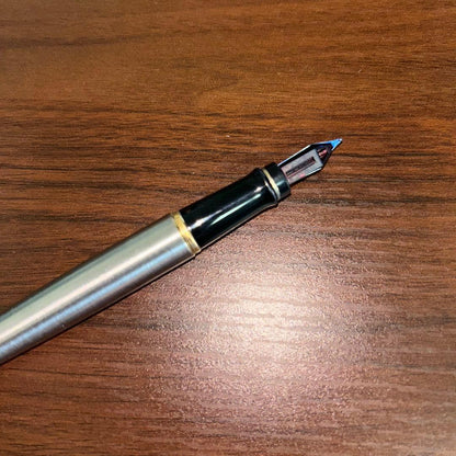 Vintage Waterman fountain pen with case showing minor scratches and dirt on the pen body