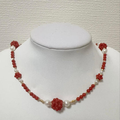 Mediterranean Blood Red Coral and Akoya Pearl necklace and earring set with K18 gold and certification