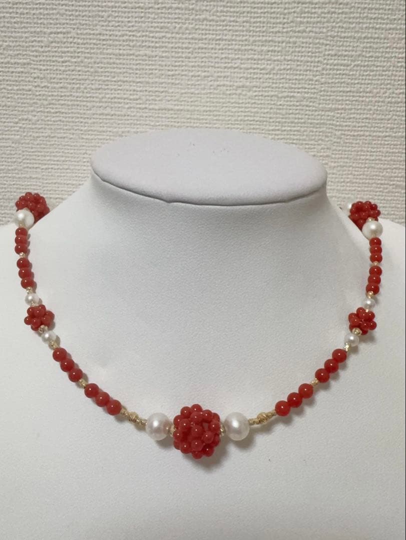 Mediterranean Blood Red Coral and Akoya Pearl necklace and earring set with K18 gold and certification