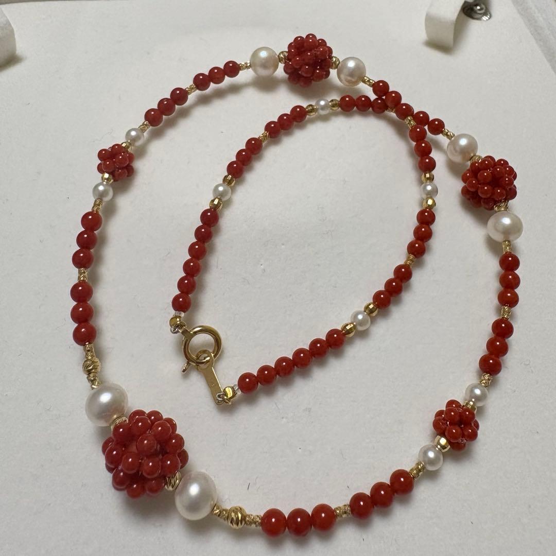 Mediterranean Blood Red Coral and Akoya Pearl necklace and earring set with K18 gold and certification