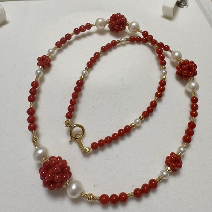 Mediterranean Blood Red Coral and Akoya Pearl necklace and earring set with K18 gold and certification