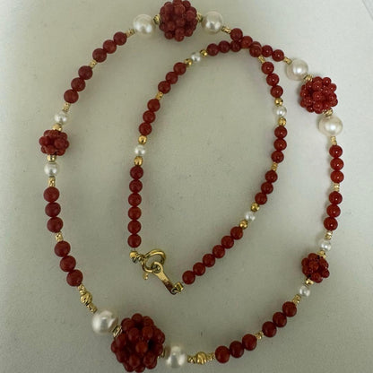 Mediterranean Blood Red Coral and Akoya Pearl necklace and earring set with K18 gold and certification