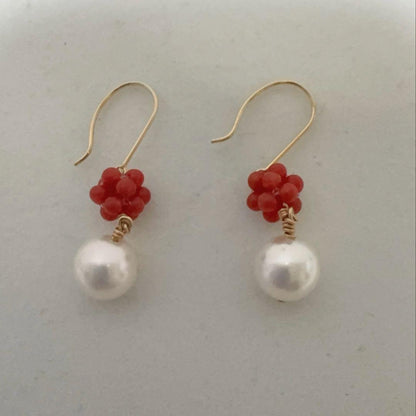 Mediterranean Blood Red Coral and Akoya Pearl necklace and earring set with K18 gold and certification