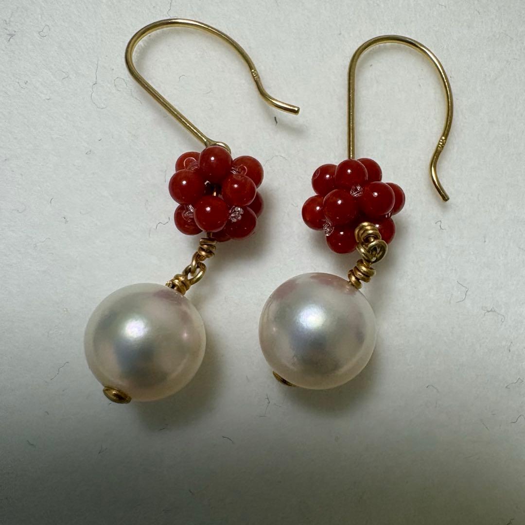 Mediterranean Blood Red Coral and Akoya Pearl necklace and earring set with K18 gold and certification