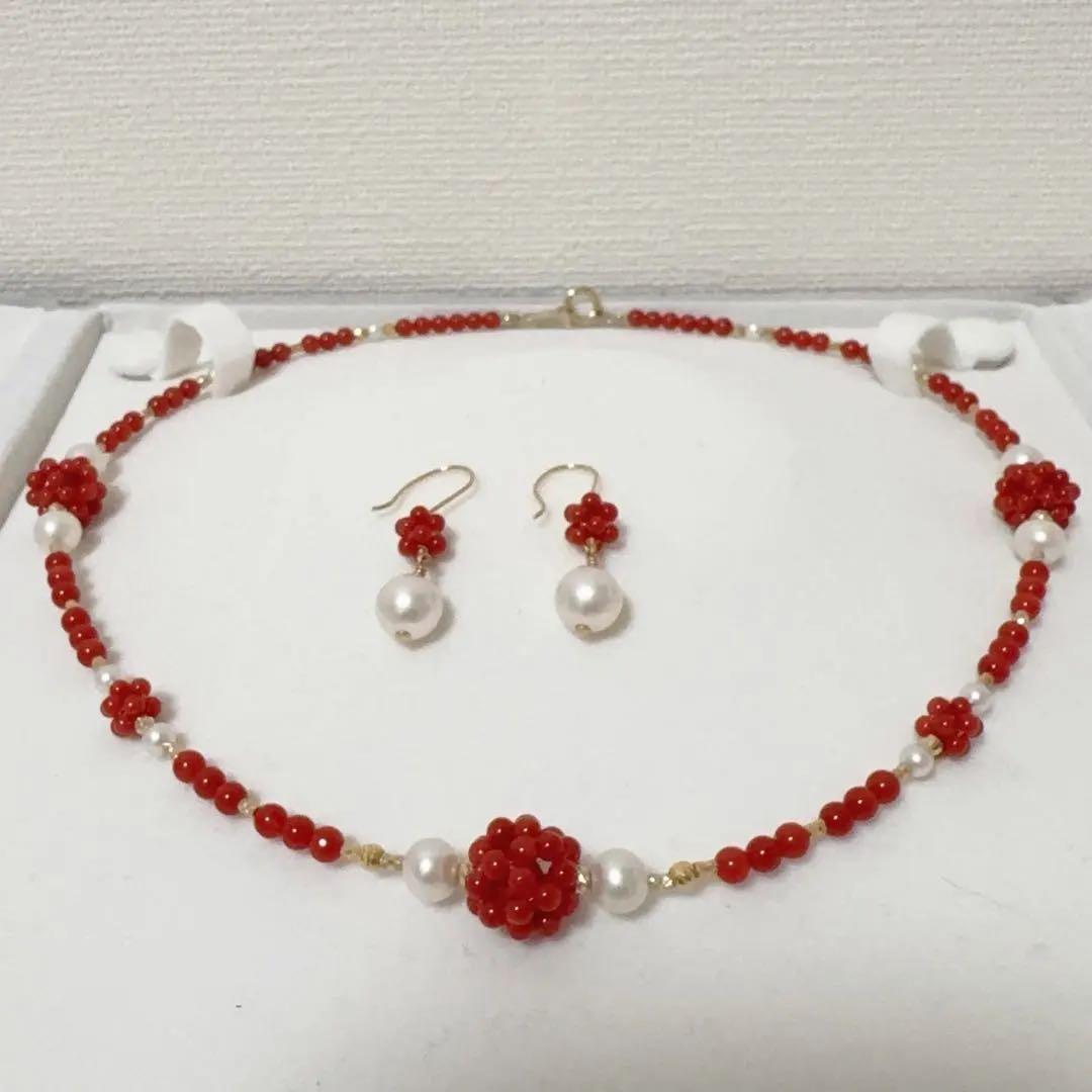 Mediterranean Blood Red Coral and Akoya Pearl necklace and earring set with K18 gold and certification