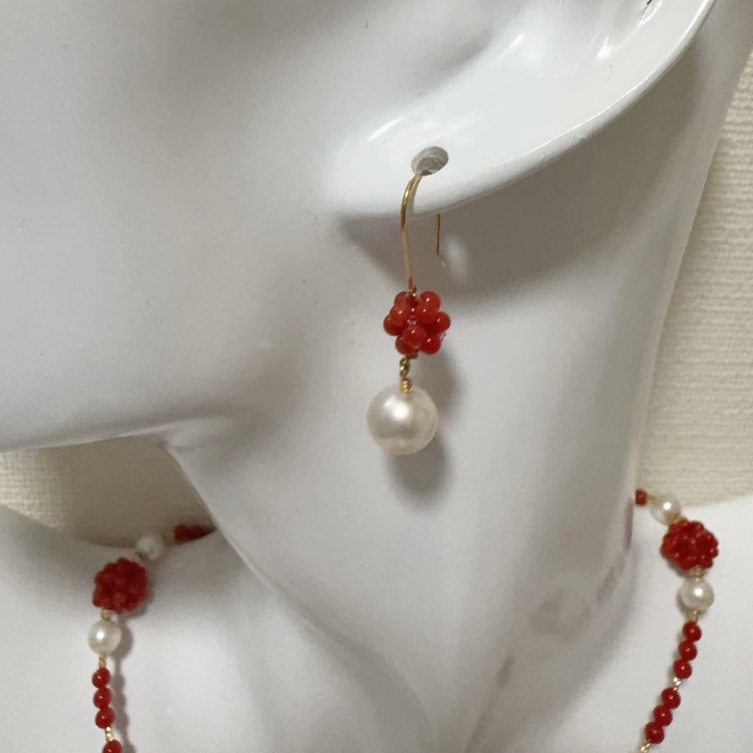 Mediterranean Blood Red Coral and Akoya Pearl necklace and earring set with K18 gold and certification