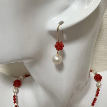 Mediterranean Blood Red Coral and Akoya Pearl necklace and earring set with K18 gold and certification
