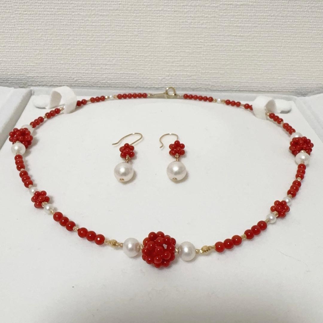 Mediterranean Blood Red Coral and Akoya Pearl necklace and earring set with K18 gold and certification