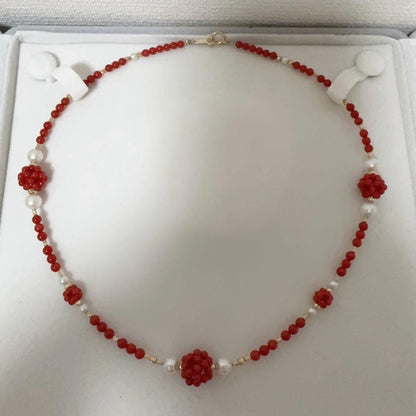 Mediterranean Blood Red Coral and Akoya Pearl necklace and earring set with K18 gold and certification