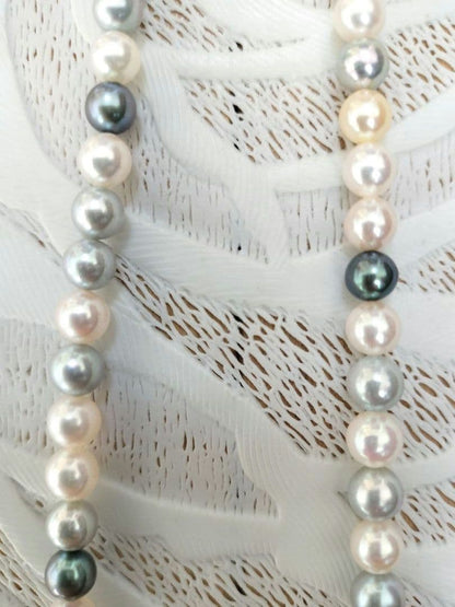Akoya pearl necklace with 6mm round white, gold, green, and light gray pearls on a 42.5cm strand with silver push clasp