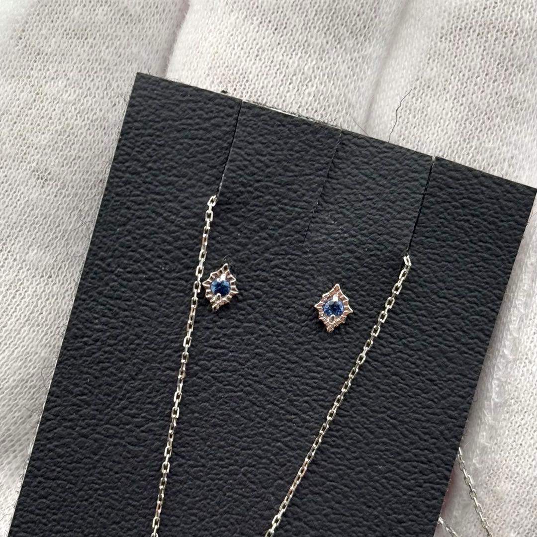 Agete K10WG necklace and earring set featuring blue stones with 40 cm necklace length