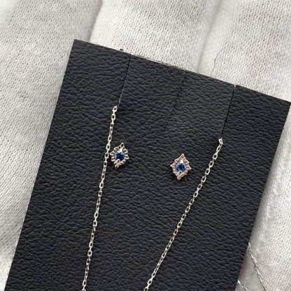 Agete K10WG necklace and earring set featuring blue stones with 40 cm necklace length