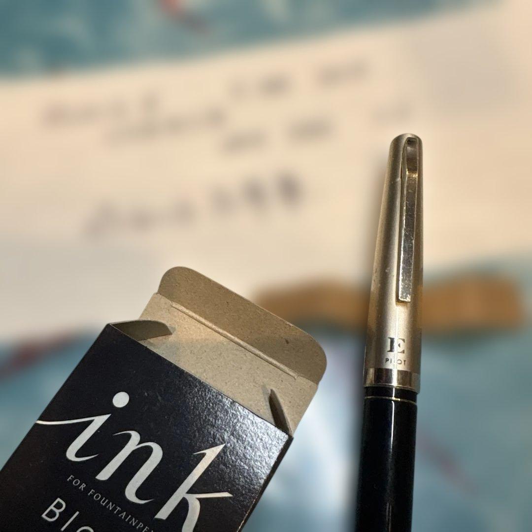 Pilot E-300 GU17 limited edition fountain pen with 14K gold coarse nib and black barrel shown writing characters
