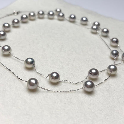 Manta Grade long Akoya pearl necklace with blue pearls and Pt850 clasp, 69cm length
