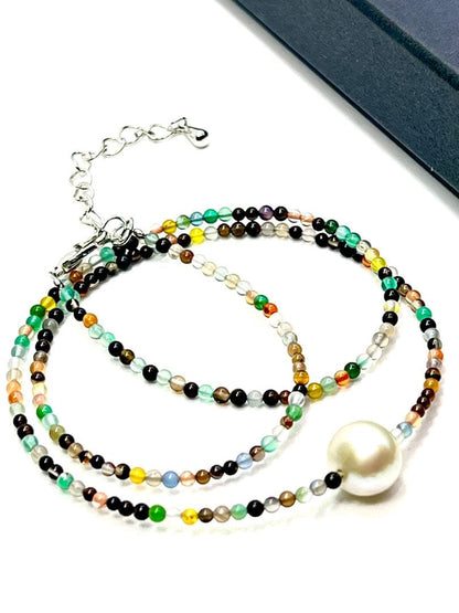 Oshiware necklace featuring 9.7mm Akoya pearls and 2.3mm multi-colored stones on adjustable 42-47cm chain