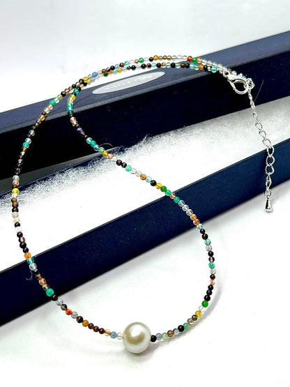 Oshiware necklace featuring 9.7mm Akoya pearls and 2.3mm multi-colored stones on adjustable 42-47cm chain