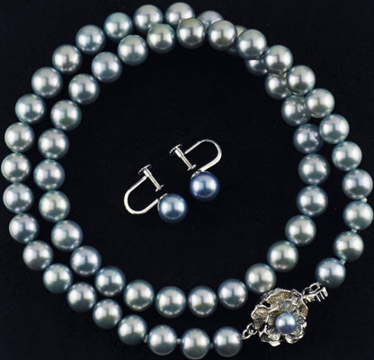 Akoya pearl necklace with 7.0-7.5mm round pearls and matching blue gray K14WG earrings set